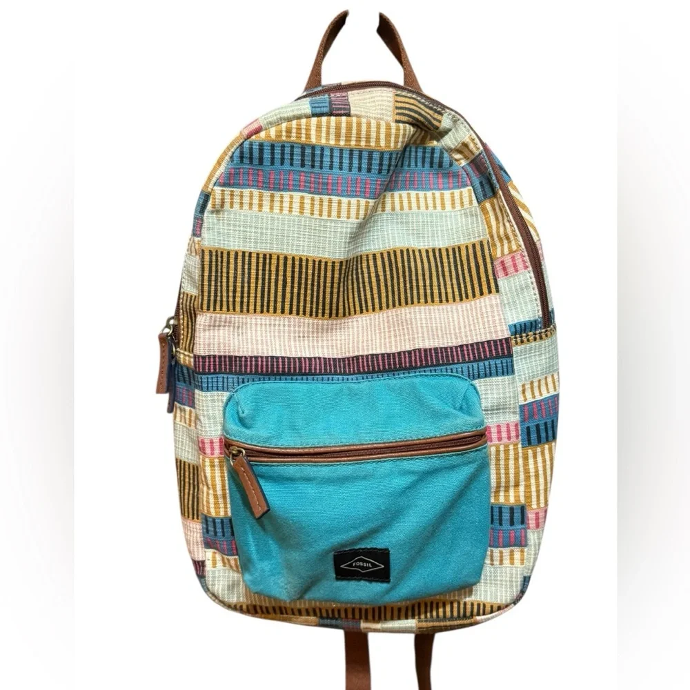 Fossil Multicolor Canvas Backpack‎ Teal Blue Front Pocket Boho Retro Style
